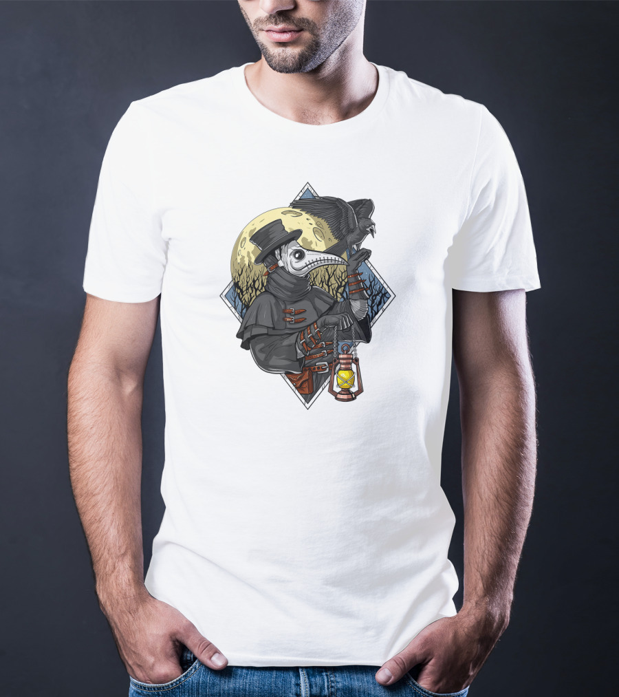 Plague Doctor Steampunk Raven Medieval Lantern Moonlit Forest T-Shirt