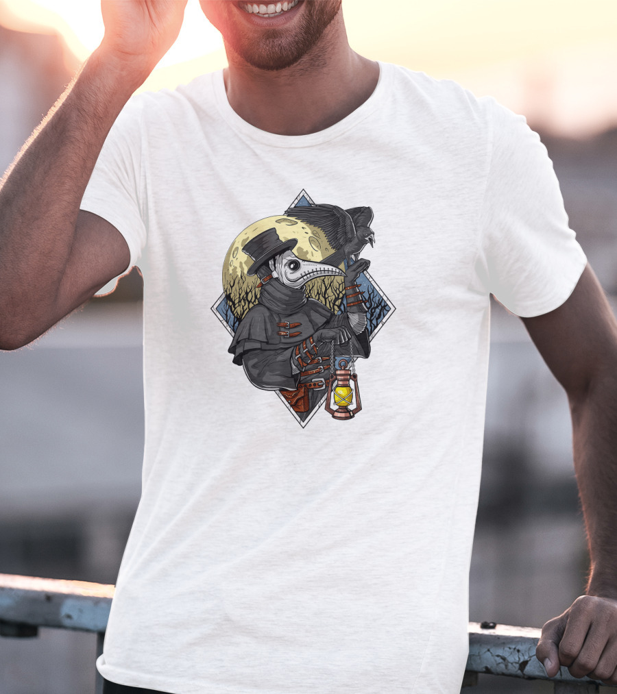Plague Doctor Steampunk Raven Medieval Lantern Moonlit Forest T-Shirt