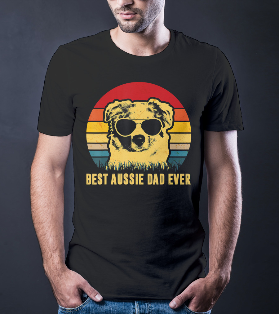 Best Aussie Dad Ever Vintage Dog Sunglasses Retro Stripes T-Shirt