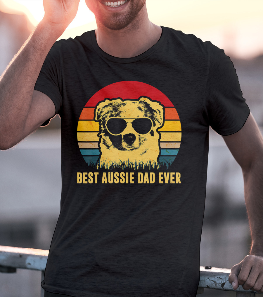 Best Aussie Dad Ever Vintage Dog Sunglasses Retro Stripes T-Shirt