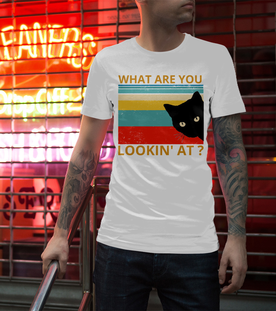 What Are You Lookin' At Black Cat Vintage Stripes T-Shirt