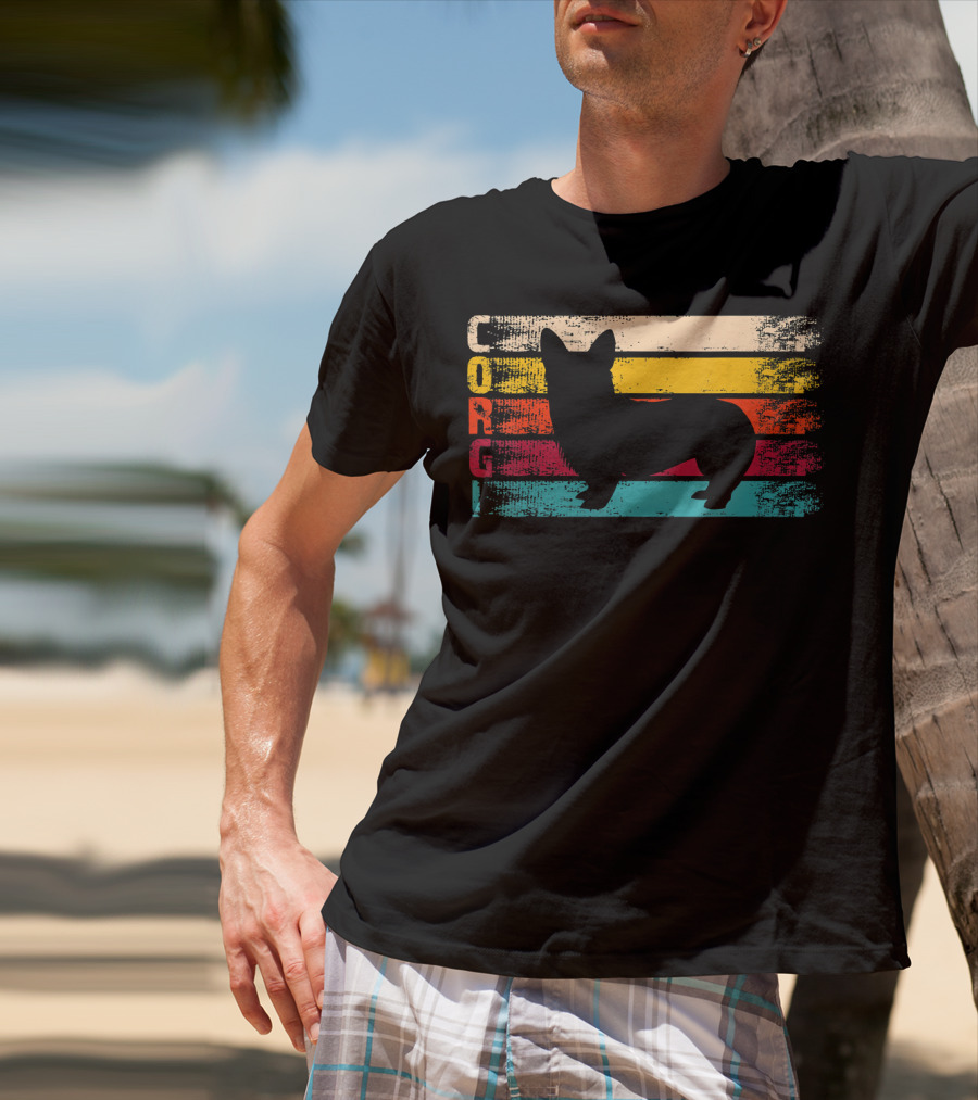 Distressed Vintage Corgi Silhouette Retro Stripes T-Shirt