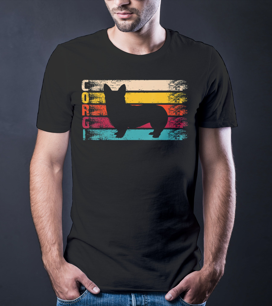 Distressed Vintage Corgi Silhouette Retro Stripes T-Shirt