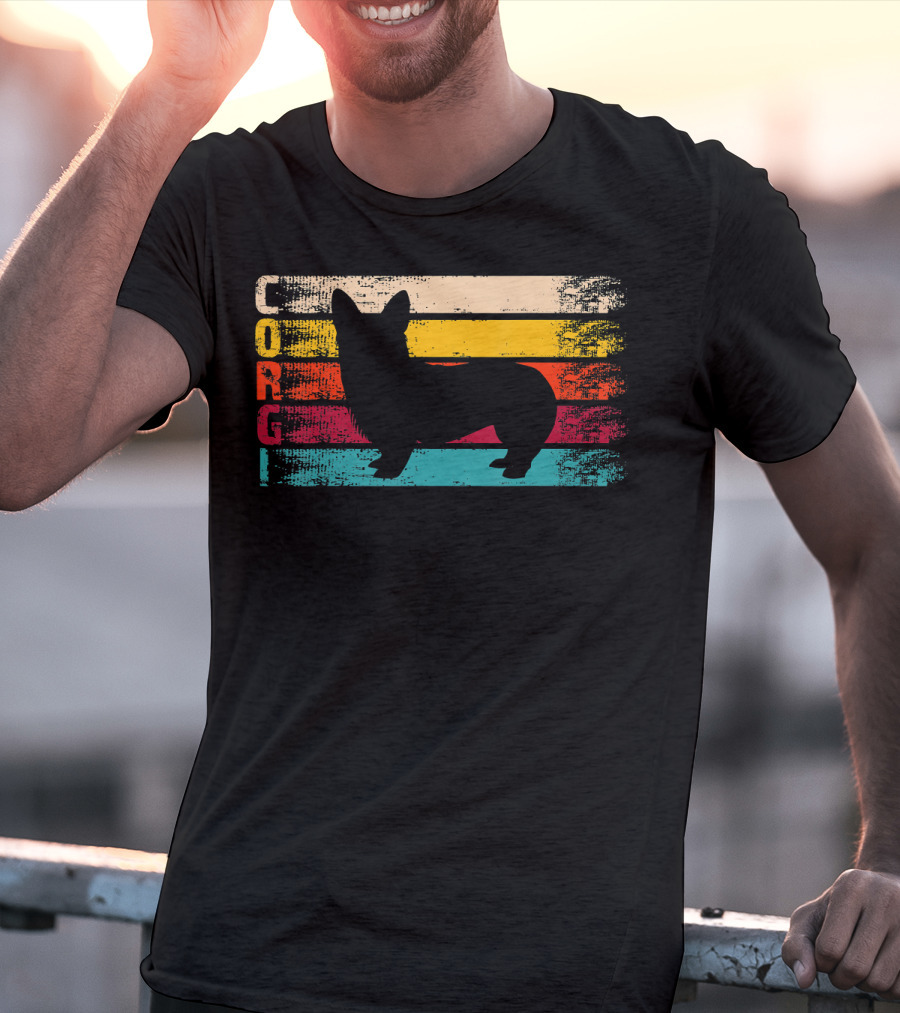 Distressed Vintage Corgi Silhouette Retro Stripes T-Shirt