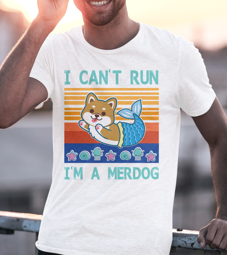 Mermaid Corgi I Can't Run I'm A Merdog With Starfish And Seashells T-Shirt