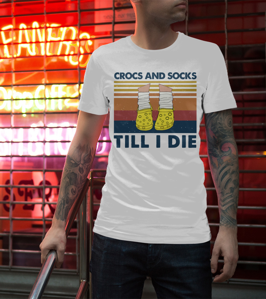 Crocs And Socks Till I Die Yellow Footwear Retro Stripes T-Shirt
