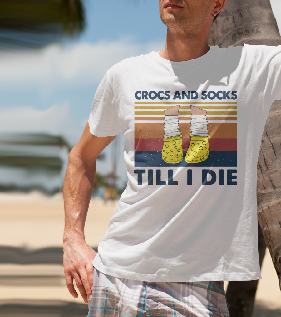 Crocs And Socks Till I Die Yellow Footwear Retro Stripes T-Shirt