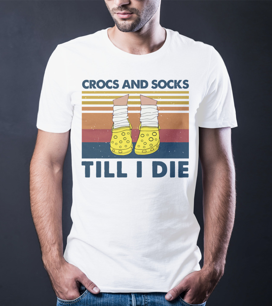 Crocs And Socks Till I Die Yellow Footwear Retro Stripes T-Shirt