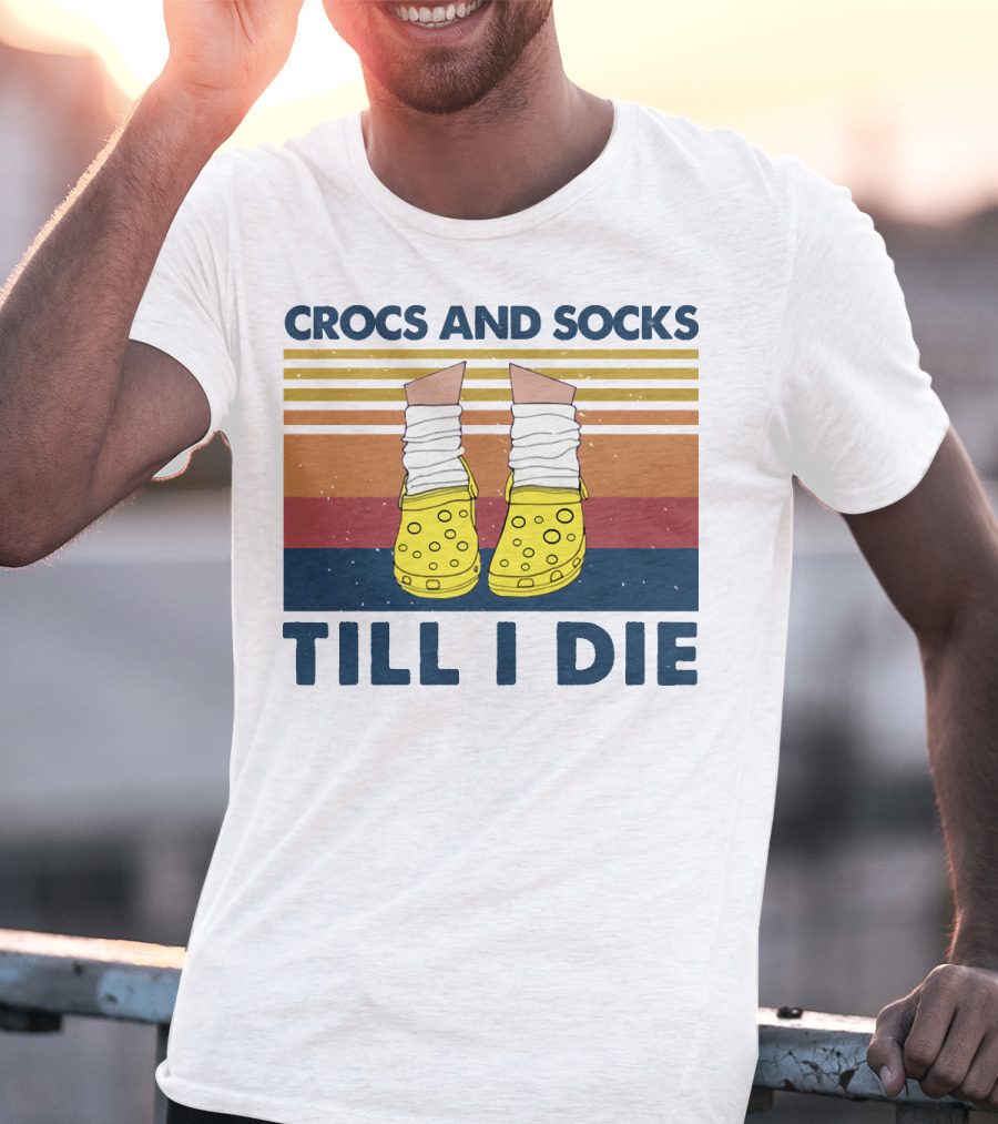 Crocs And Socks Till I Die Yellow Footwear Retro Stripes T-Shirt