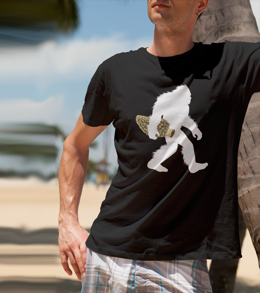 Bigfoot Silhouette Carrying Morel Mushroom T-Shirt