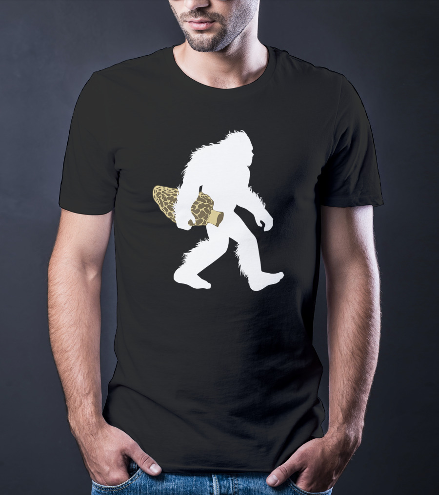 Bigfoot Silhouette Carrying Morel Mushroom T-Shirt