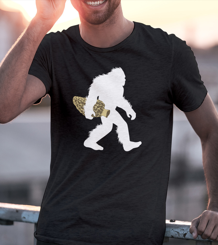Bigfoot Silhouette Carrying Morel Mushroom T-Shirt