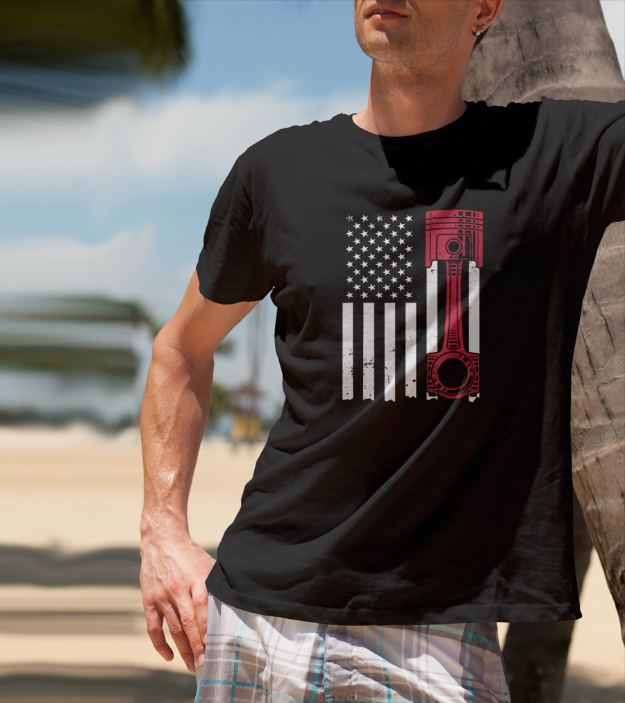 American Flag Piston Car Enthusiast Muscle T-Shirt