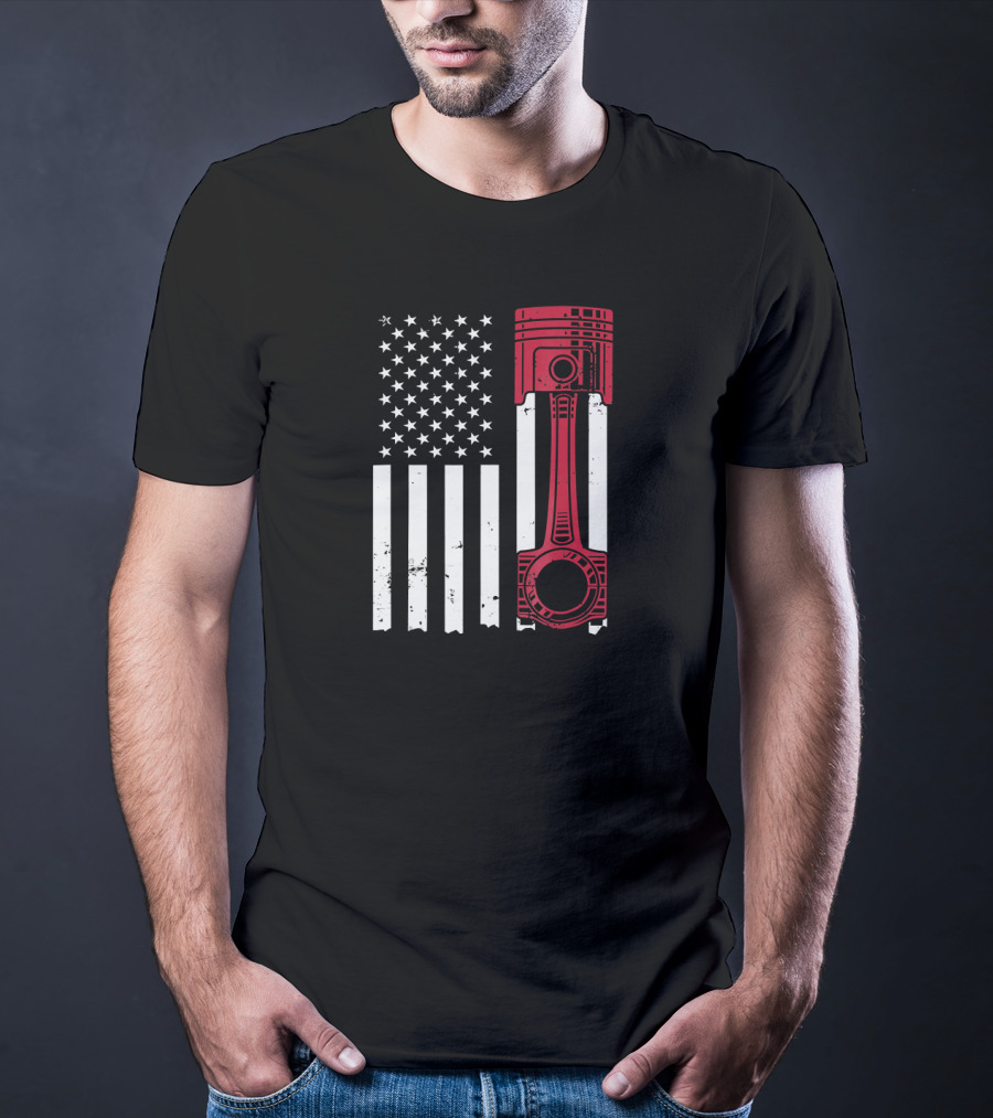 American Flag Piston Car Enthusiast Muscle T-Shirt