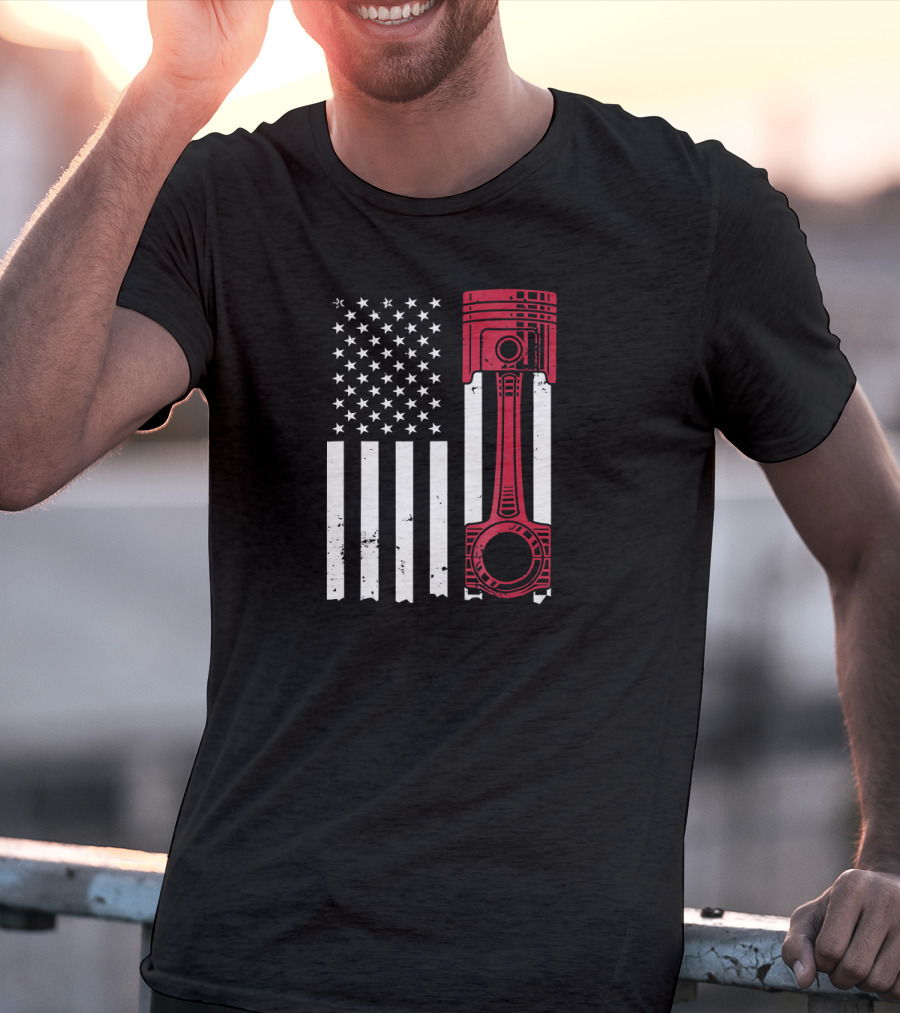 American Flag Piston Car Enthusiast Muscle T-Shirt