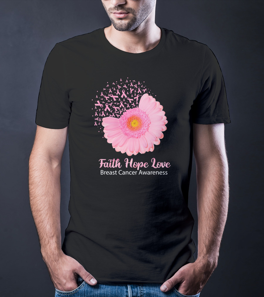 Faith Hope Love Pink Ribbon Florals Breast Cancer Awareness T-Shirt