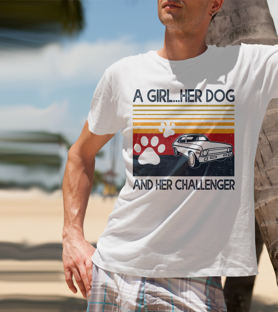 A Girl Her Dog And Her Challenger Vintage Car With Paw Prints T-Shirt