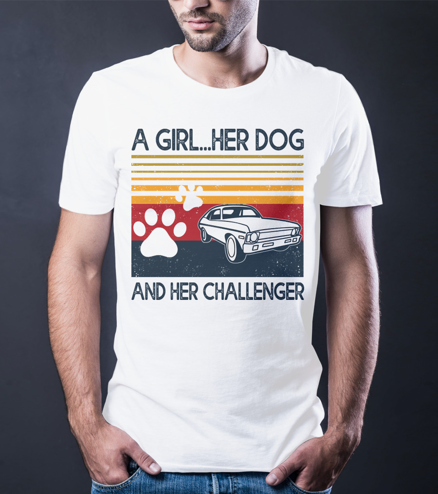 A Girl Her Dog And Her Challenger Vintage Car With Paw Prints T-Shirt