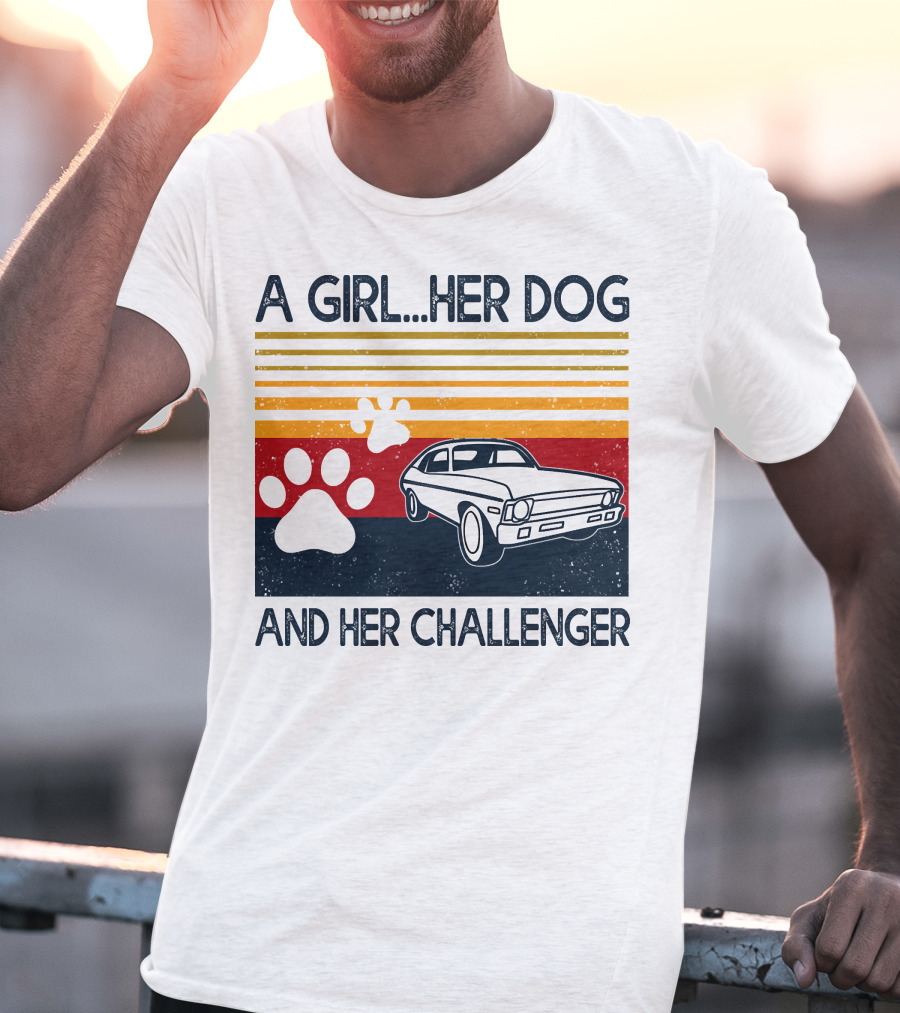 A Girl Her Dog And Her Challenger Vintage Car With Paw Prints T-Shirt
