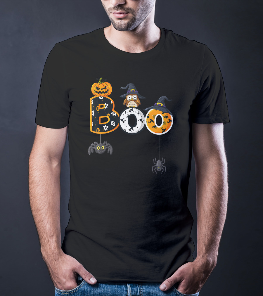 Halloween Boo Pumpkin Owl Witch Hat Spiders T-Shirt