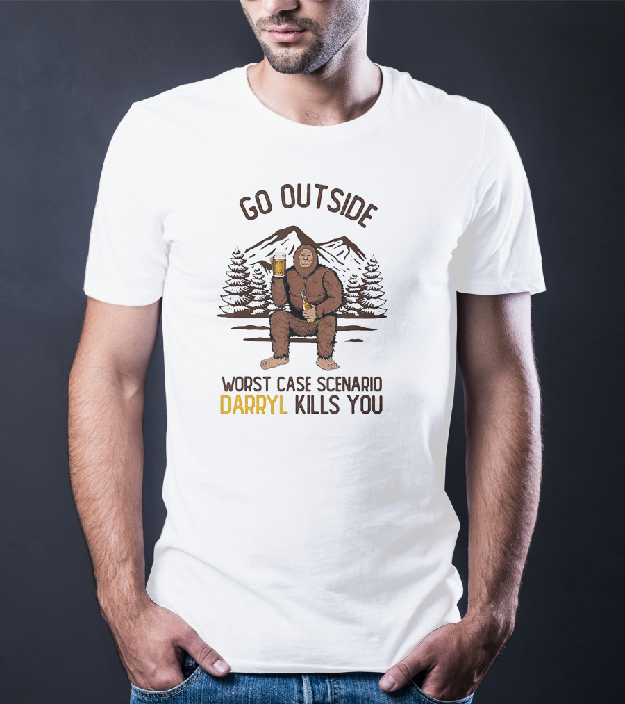 Go Outside Worst Case Scenario Darryl Kills You Bigfoot Holding Beer In Forest Mountain Scene T-Shirt