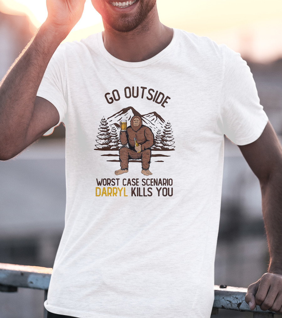 Go Outside Worst Case Scenario Darryl Kills You Bigfoot Holding Beer In Forest Mountain Scene T-Shirt