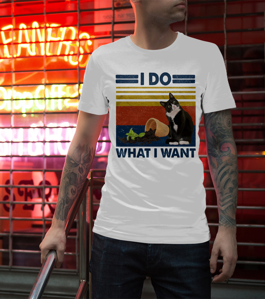 Tuxedo Kitty I Do What I Want Retro Stripes Plant Cup Soil T-Shirt