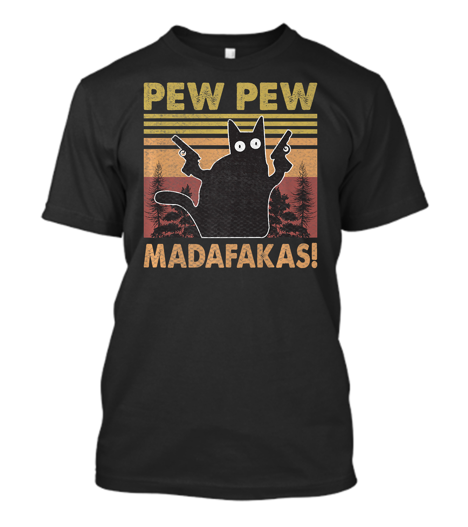 Pew Pew Madafakas Cat Vintage Retro Sunset Forest T-Shirt