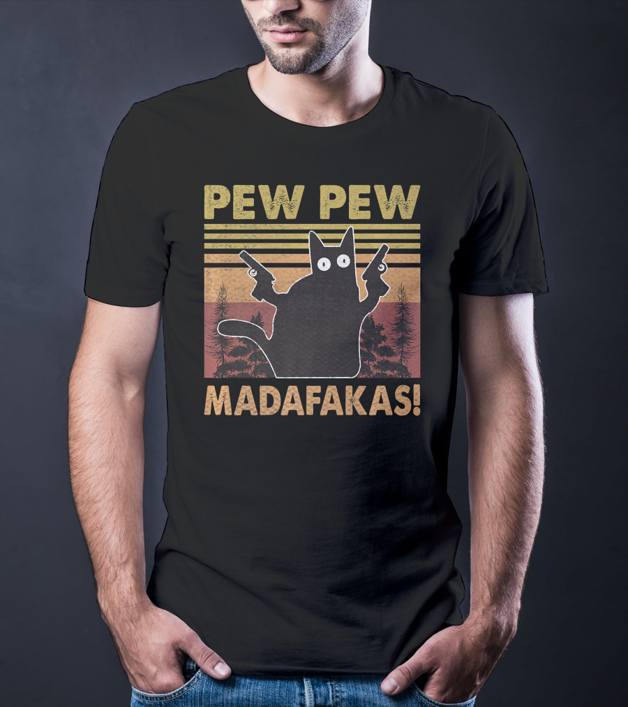 Pew Pew Madafakas Cat Vintage Retro Sunset Forest T-Shirt