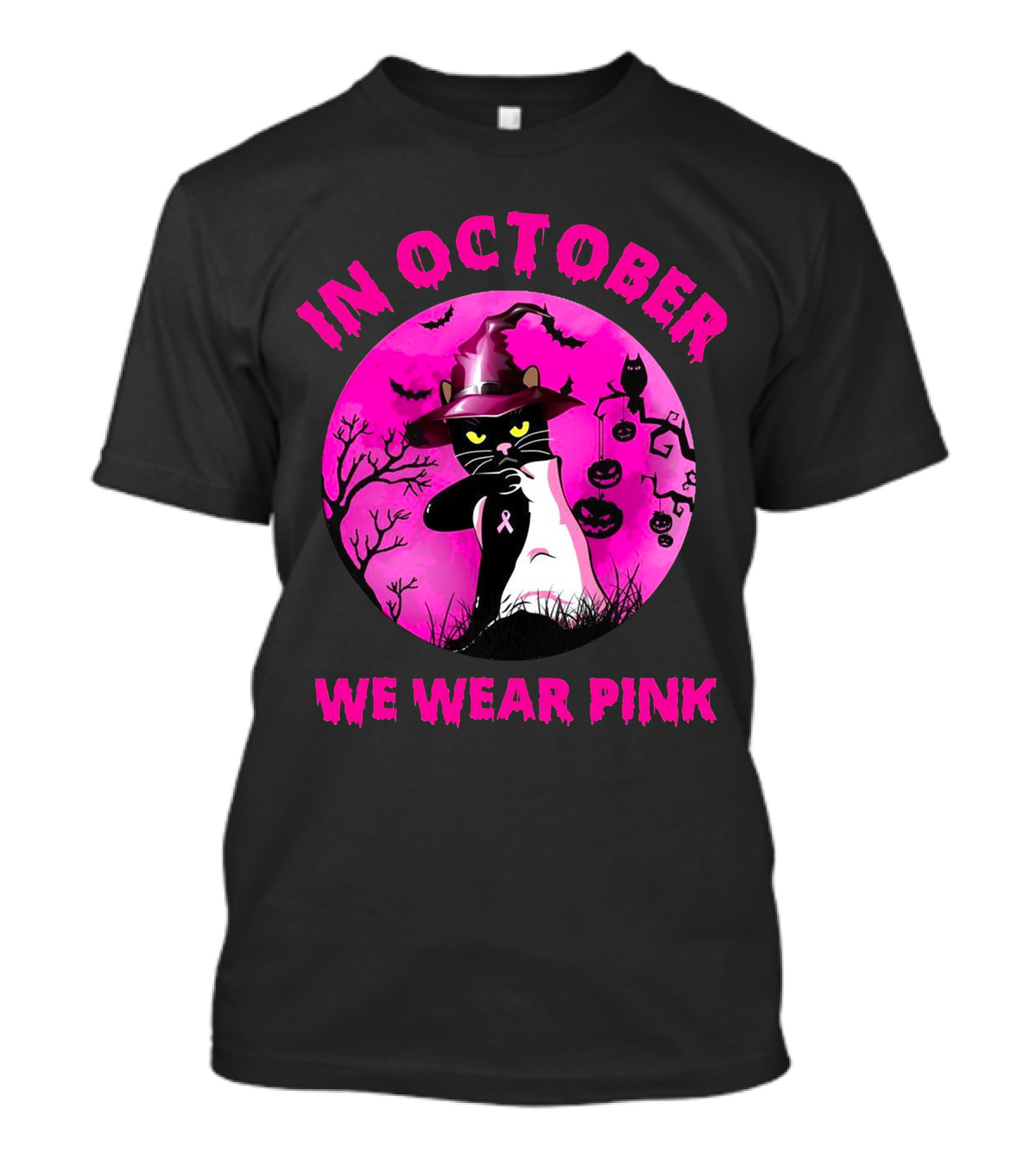 In October We Wear Pink Black Cat Witch Hat Pumpkin Breast Cancer Awareness T-Shirt