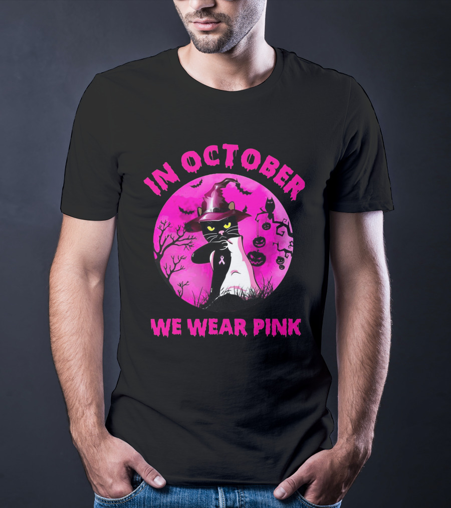 In October We Wear Pink Black Cat Witch Hat Pumpkin Breast Cancer Awareness T-Shirt