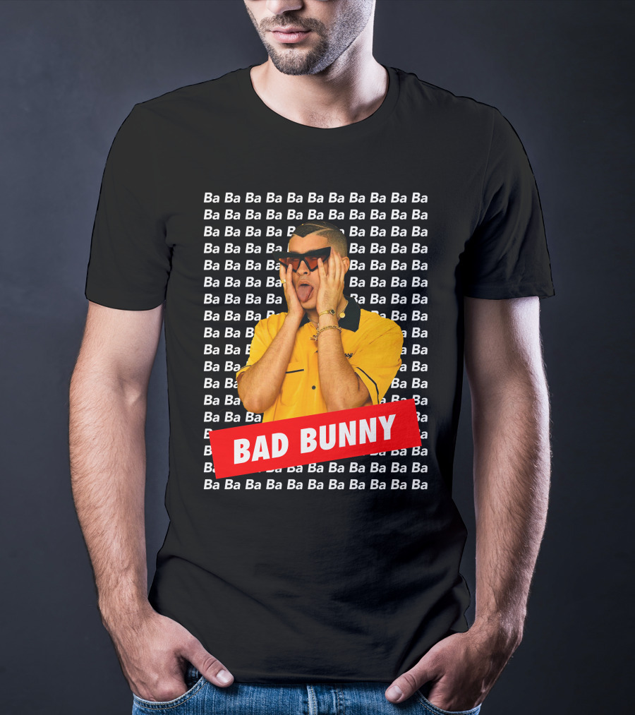BAD BUNNY Ba Ba Ba Pattern Yellow Shirt Sunglasses T-Shirt