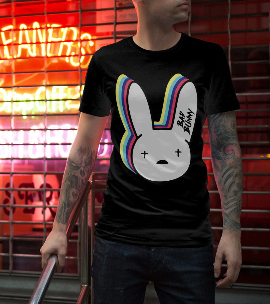 Bad Bunny Cross-Eyed Bunny Head Multicolor Outline T-Shirt