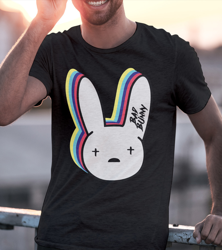 Bad Bunny Cross-Eyed Bunny Head Multicolor Outline T-Shirt