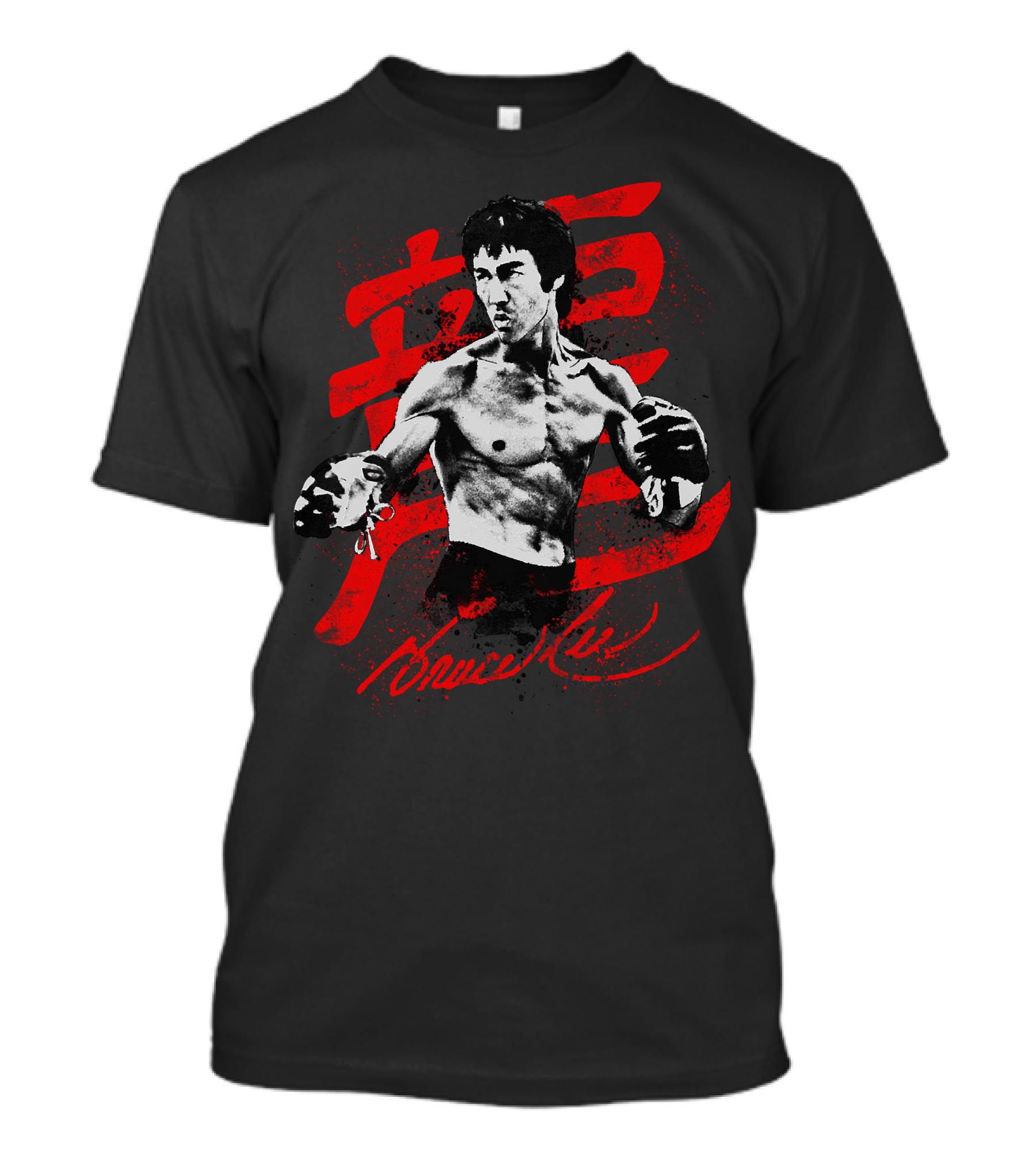 Bruce Lee Fighting Pose With Red Kanji Background T-Shirt