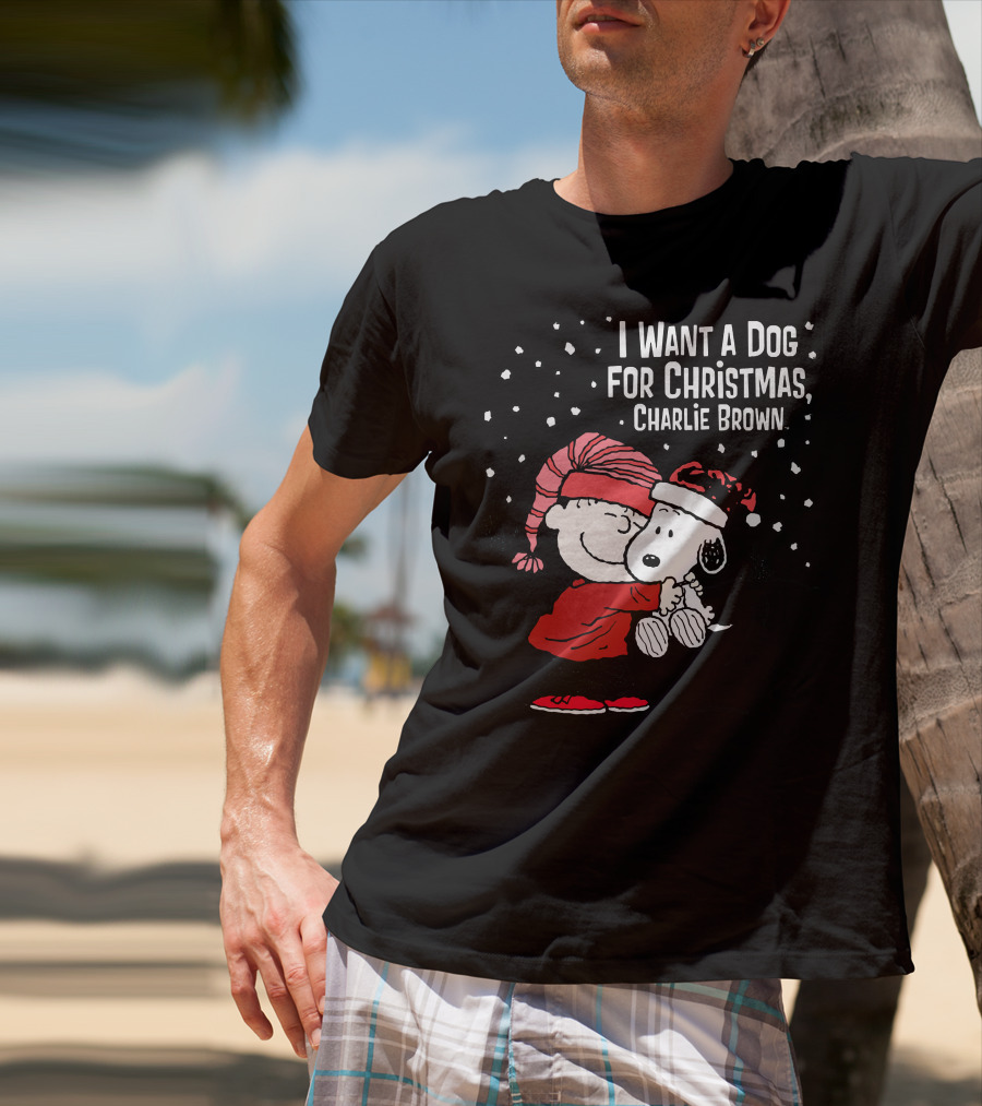 I Want A Dog For Christmas Charlie Brown Snoopy Hugging Linus Snow Scene T-Shirt