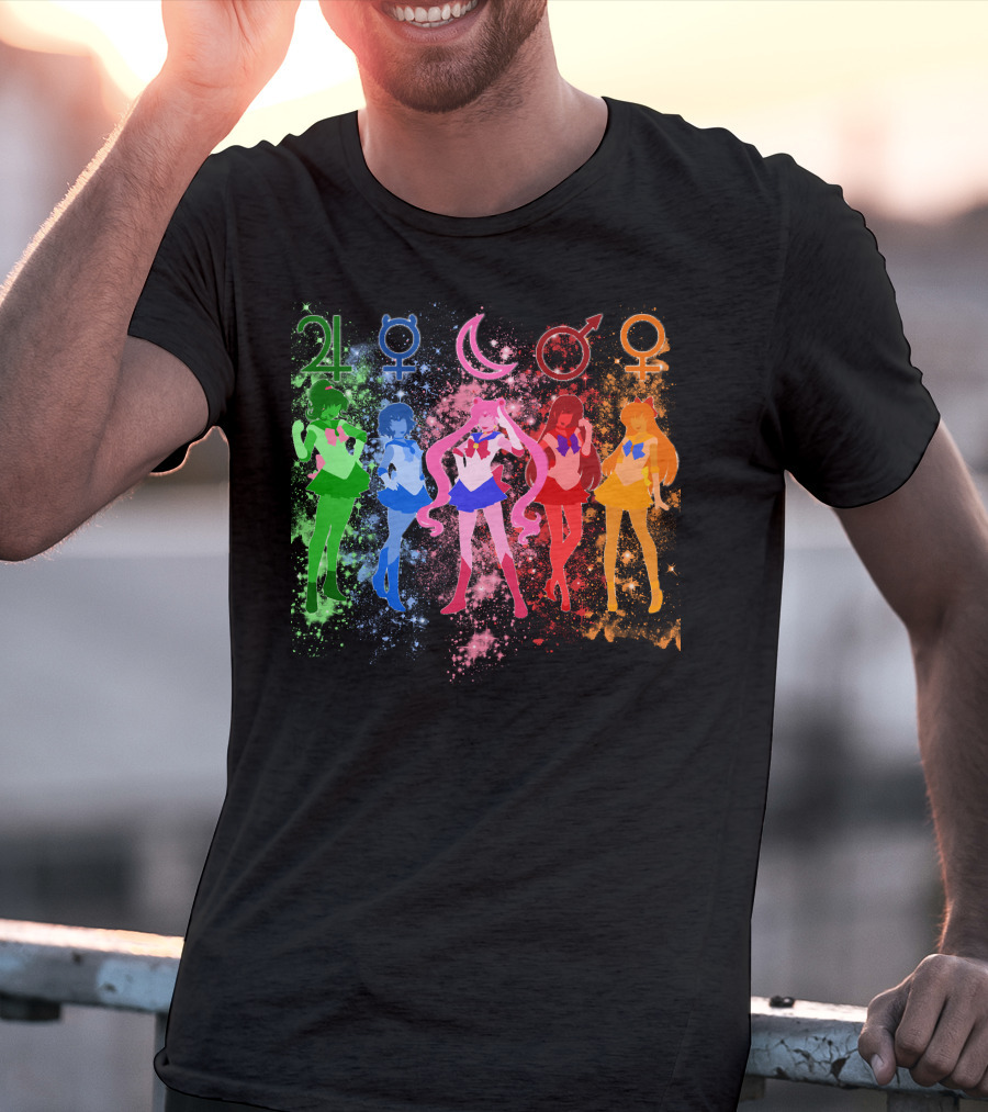 Sailor Moon The Inner Senshi With Planetary Symbols And Colorful Cosmic Background T-Shirt