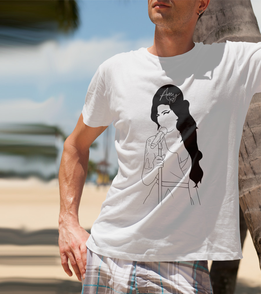 Amy Winehouse Line Art With Signature Mic Pose T-Shirt