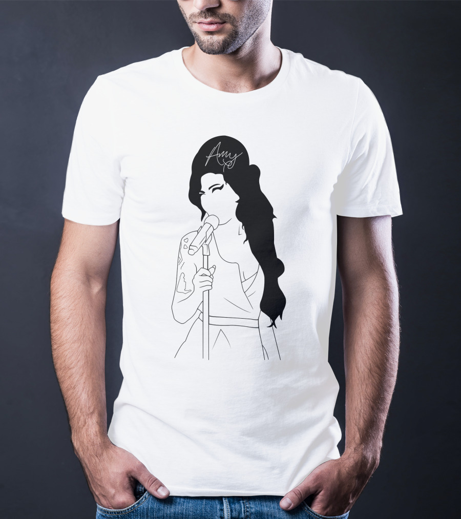 Amy Winehouse Line Art With Signature Mic Pose T-Shirt