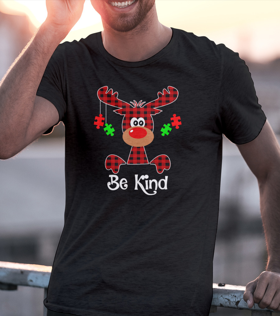 Be Kind Red Plaid Reindeer With Green Puzzle Pieces T-Shirt