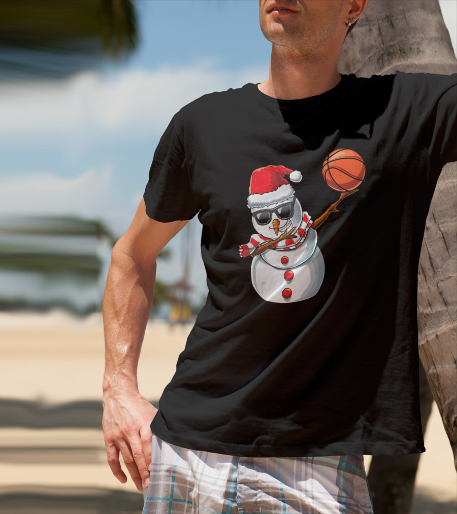 Christmas Snowman Dabbing Basketball Santa Scarf Glasses T-Shirt