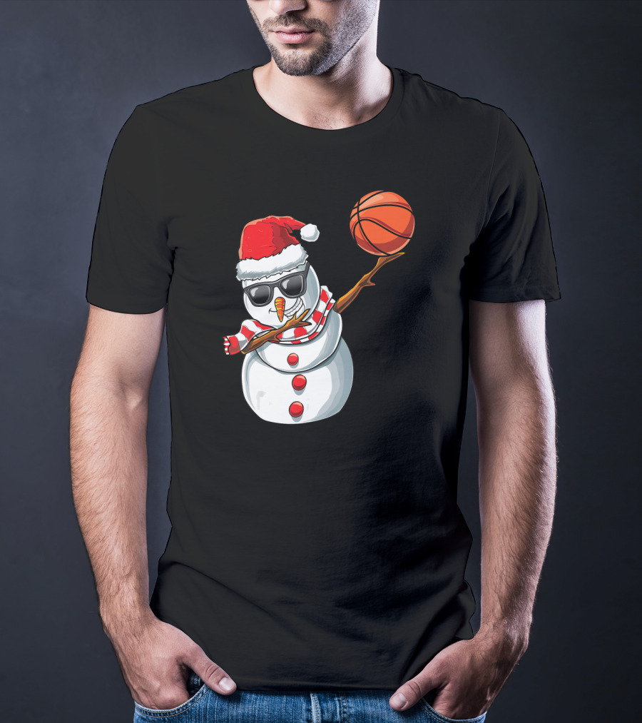 Christmas Snowman Dabbing Basketball Santa Scarf Glasses T-Shirt