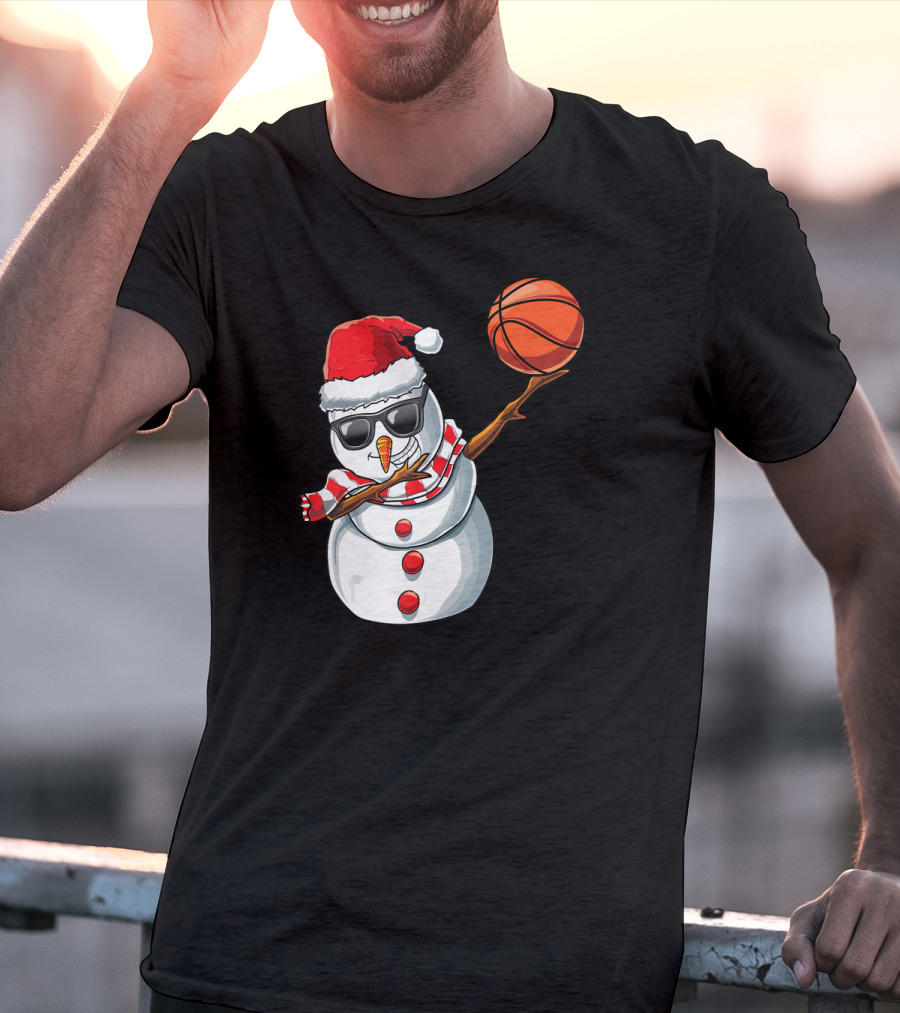Christmas Snowman Dabbing Basketball Santa Scarf Glasses T-Shirt