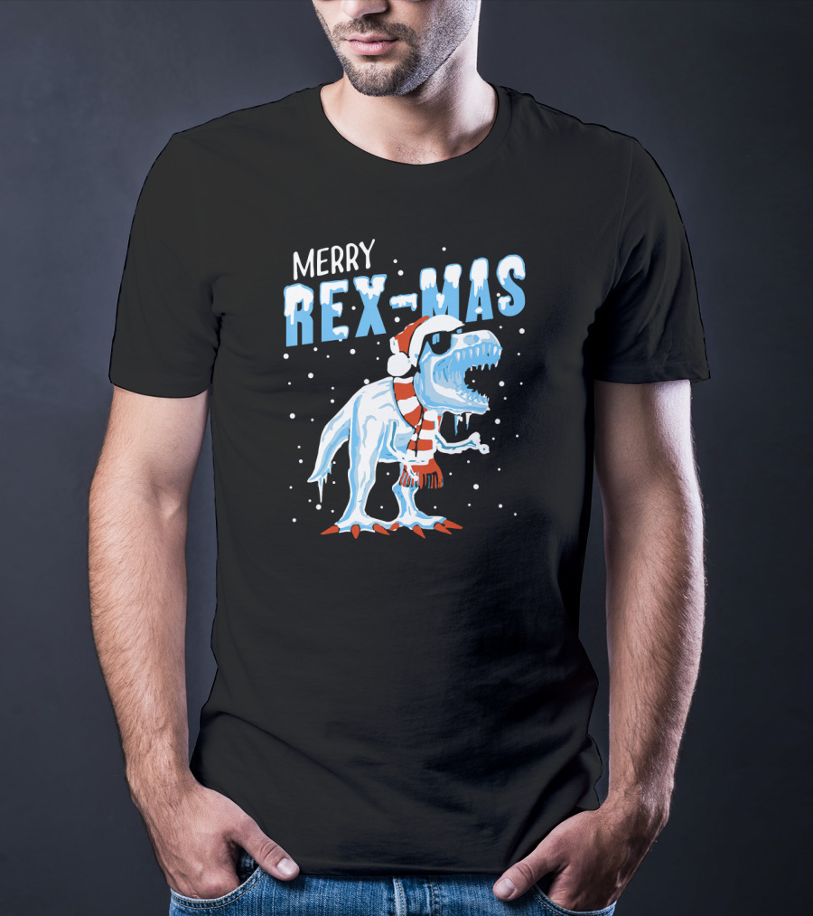 Merry Rexmas Christmas Dinosaur Wearing Santa Hat And Scarf T-Shirt
