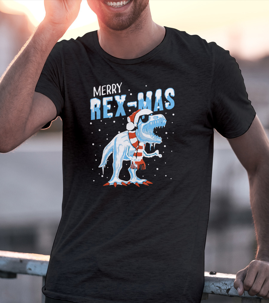 Merry Rexmas Christmas Dinosaur Wearing Santa Hat And Scarf T-Shirt