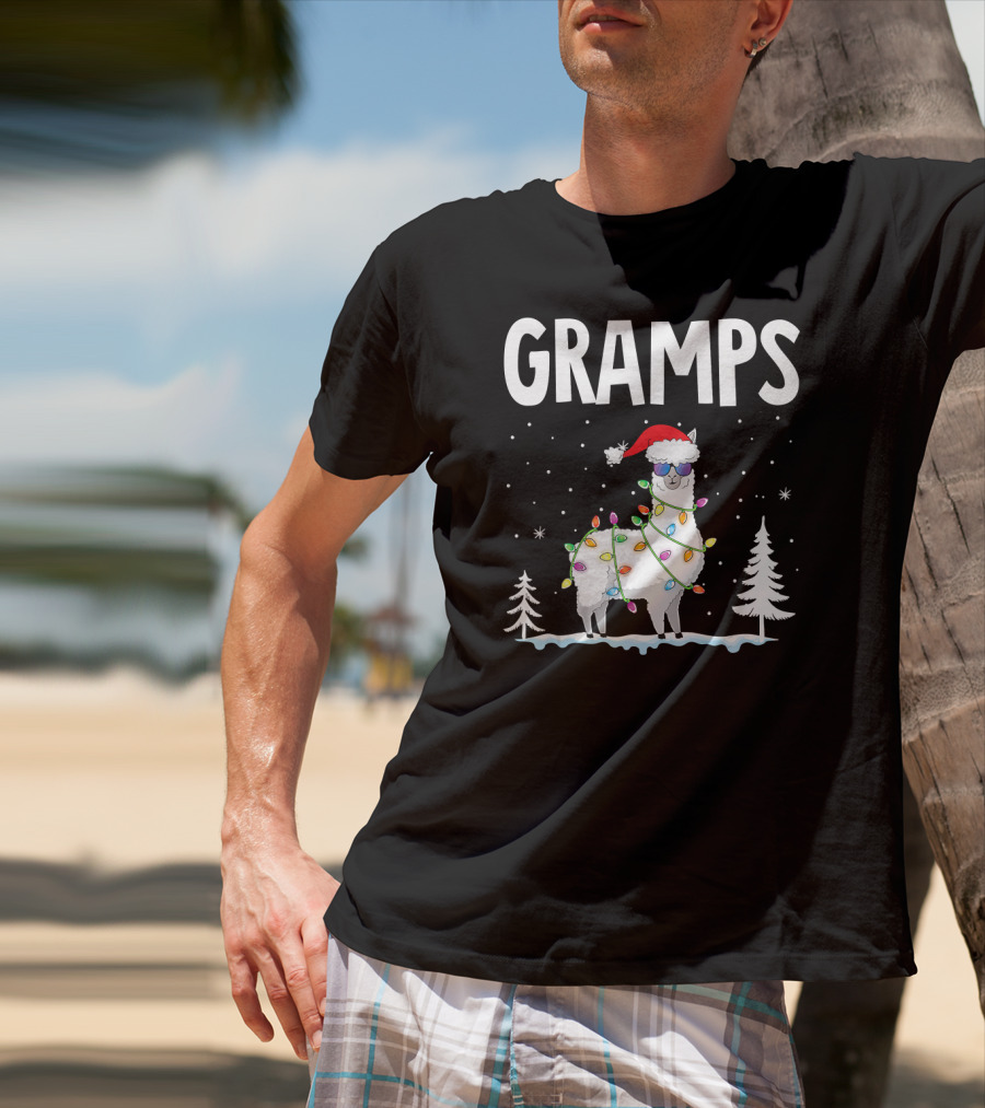 GRAMPS Llama Christmas Lights Holiday Snow Santa Hat T-Shirt