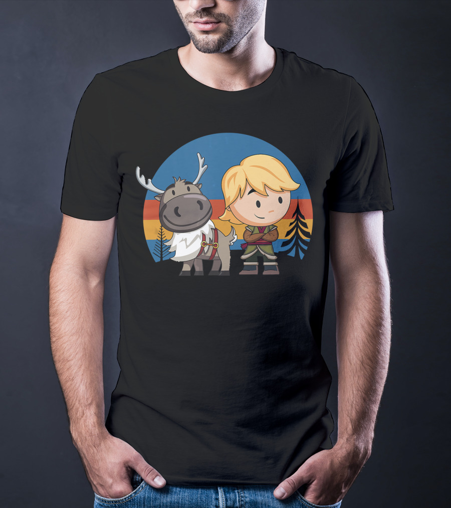 Frozen 2 Chibi Sven And Kristoff Retro Sunset Scene T-Shirt