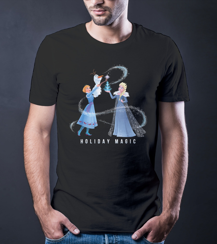 Disney Frozen Elsa Anna Olaf Holiday Magic Sparkling Winter Scene T-Shirt