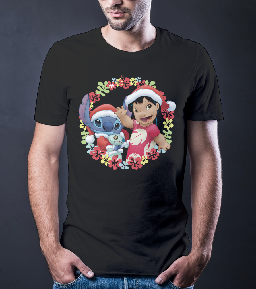 Disney Lilo And Stitch Christmas Santa Hats Hawaiian Flower Wreath T-Shirt