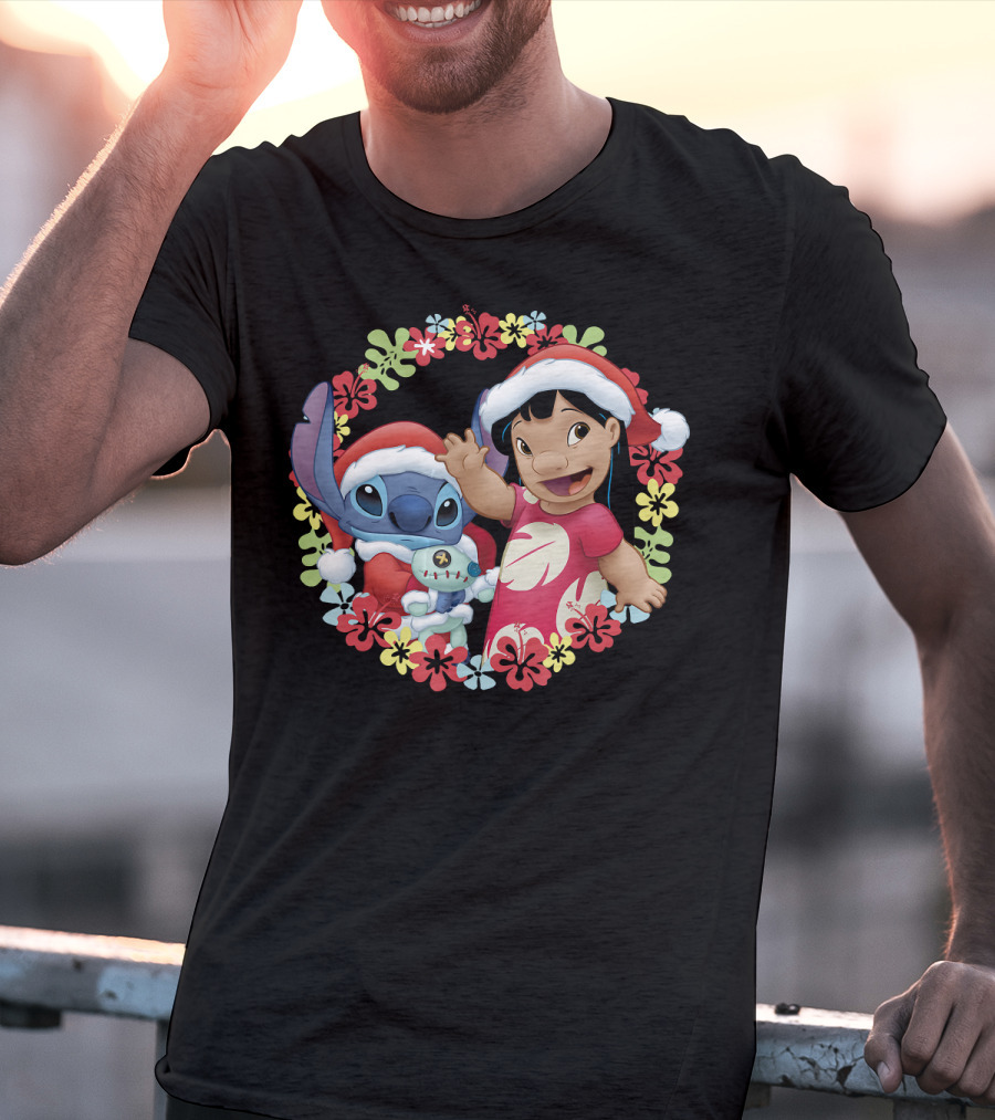 Disney Lilo And Stitch Christmas Santa Hats Hawaiian Flower Wreath T-Shirt